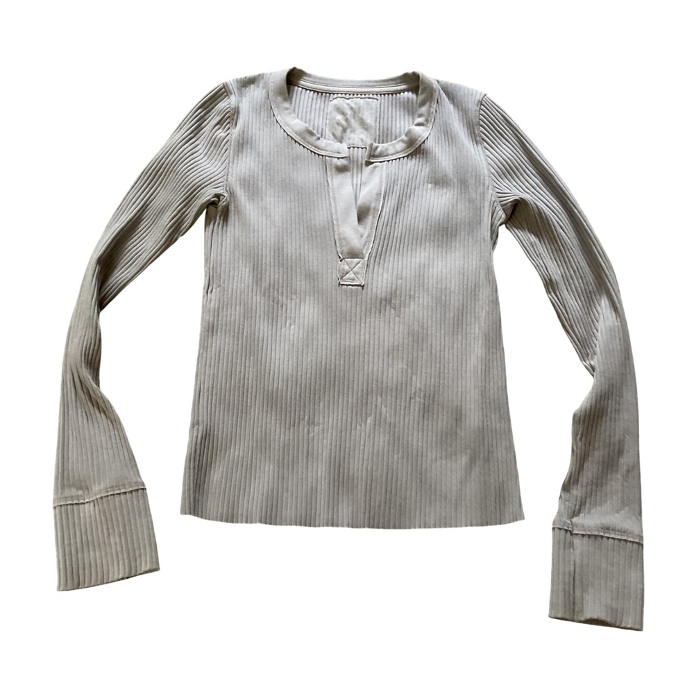 Aerie Womens Ribbed Split Neck Long Sleeve Top Tan Taupe XS